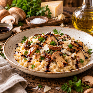 Pilzrisotto mit Olivenöl-Finish und Balsamico